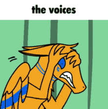 a cartoon of a dragon covering his face with his hands and the words " the voices " above him