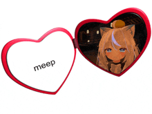 a heart shaped mirror has a picture of a girl and the word meep on it