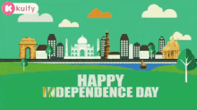 a happy independence day poster with a city skyline in the background