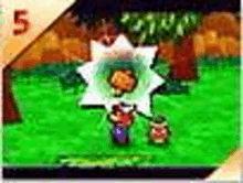 a video game scene with a person standing next to a flower in a field .