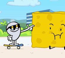 a cartoon character wearing sunglasses is pointing at a yellow sponge