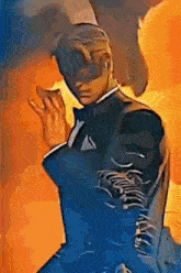 a painting of a man in a tuxedo standing in front of flames