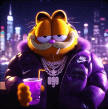 garfield is wearing a nike jacket and holding a purple drink