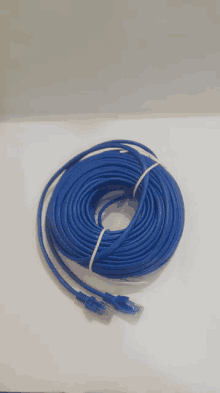 a blue ethernet cable is tied together with a white rope