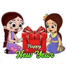a happy new year greeting card with two girls holding a gift box