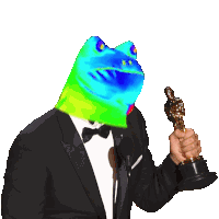 a man in a tuxedo is holding an oscar statue with a frog on his head