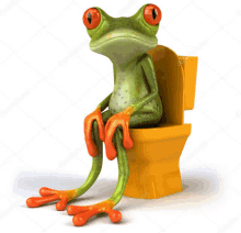 a frog is sitting on a yellow toilet with its legs crossed