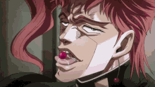 a close up of a person 's face with a cherry in his mouth