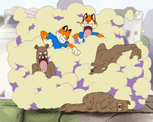 a cartoon of a fox and two bears with smoke coming out of them