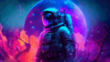 a painting of an astronaut standing in front of a planet