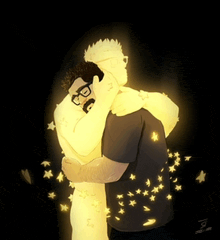 a drawing of a man hugging another man with stars flying around them