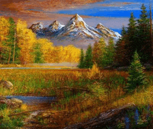 a painting of a swamp with mountains in the background and a river in the foreground .