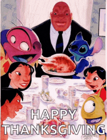 a poster that says happy thanksgiving with a group of cartoon characters around a table