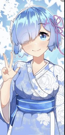 a girl with blue hair is wearing a blue and white kimono