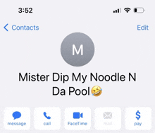 a phone screen shows a contact called mister dip my noodle n da pool