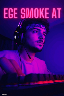 a man wearing headphones and a bandana is looking at a computer screen with the words ege smoke at written above him