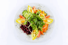 a white plate topped with a salad of vegetables and herbs