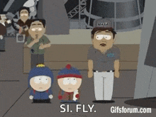 a group of cartoon characters are standing next to each other and one of them is saying " si fly "