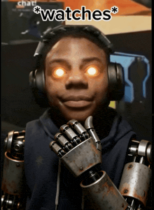a boy wearing headphones has glowing eyes and the word watches is on the bottom