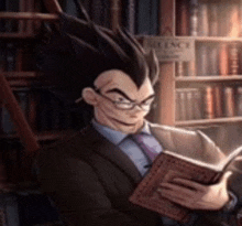 a man in a suit and tie is reading a book .