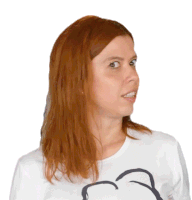 a woman with red hair is wearing a white t-shirt with a drawing of a cloud on it