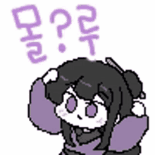 a pixel art drawing of a girl with purple eyes and a purple sweater .