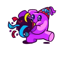 a purple teddy bear wearing a party hat is holding a balloon