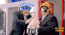 a man in a suit is giving a bag of money to another man with a dog on his head