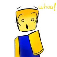 a drawing of a yellow and blue roblox character with the word whoa written below him