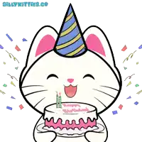 a cartoon cat wearing a party hat is blowing out candles on a birthday cake