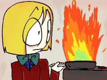 a cartoon of a person cooking with a frying pan in front of a fire