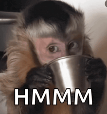 a monkey drinking from a metal cup with the word hmm written on it