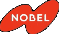 a red nobel logo with white letters on a white background