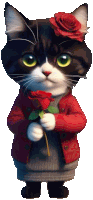 a black and white cat wearing a red sweater and holding a red rose