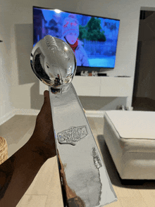 a person holding a silver fantasy football trophy in front of a tv