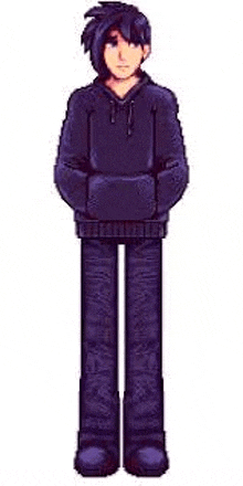 a pixel art of a boy wearing a black hoodie and jeans standing on a white background .