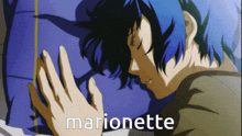 a man with blue hair is sleeping with the word marionette written on the bottom