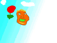 a cartoon drawing of a man with a flower and a cloud in the background