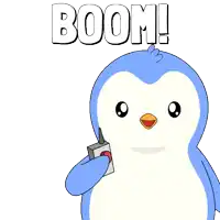 a penguin is holding a boom device in front of a nuclear explosion