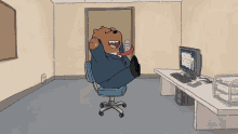 a cartoon of a bear sitting in an office chair with his feet up