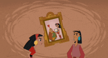 a couple of cartoon characters looking at a picture