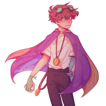 a drawing of a boy with a purple cape and a clock around his neck