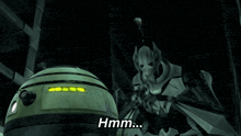 a cartoon character says " hmm " in front of a robot