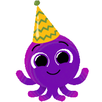 a purple octopus with a yellow party hat on