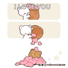 a cartoon of a teddy bear holding a basket of hearts and saying i love you .