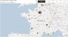 a map of france shows a lot of blue dots