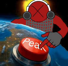 a cartoon character is pointing to a red button that says peak