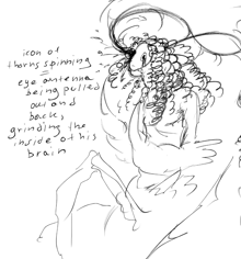 a black and white drawing of a spider with the words icon of horns spinning eye antenna being pulled