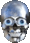 a pixel art drawing of a skull with headphones on .