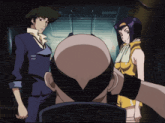 cowboy bebop characters standing next to each other with a bald man in the middle